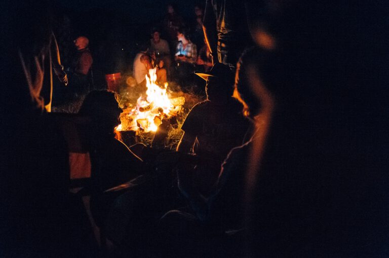 People sitting around a campfire at night.